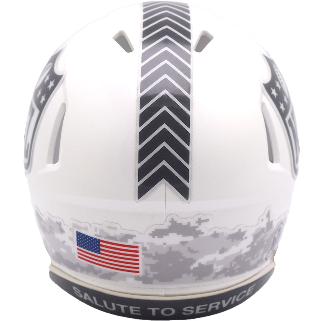 Riddell Speed Mini Salute 2024 helmet back, featuring US flag and camo.